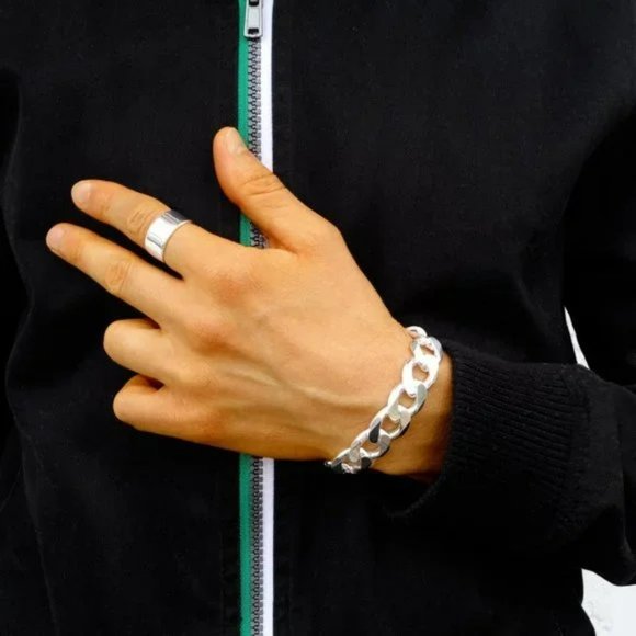 NEW 15mm SOLID 925 Sterling Silver Curb Bracelet, Top Quality Gift for Men ITALY - Picture 4 of 5